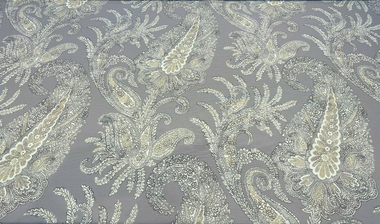 Peaceful Journey Linen Cotton Fabric - Gray White Cream Paisley Print, 54" Width (1 Yard)