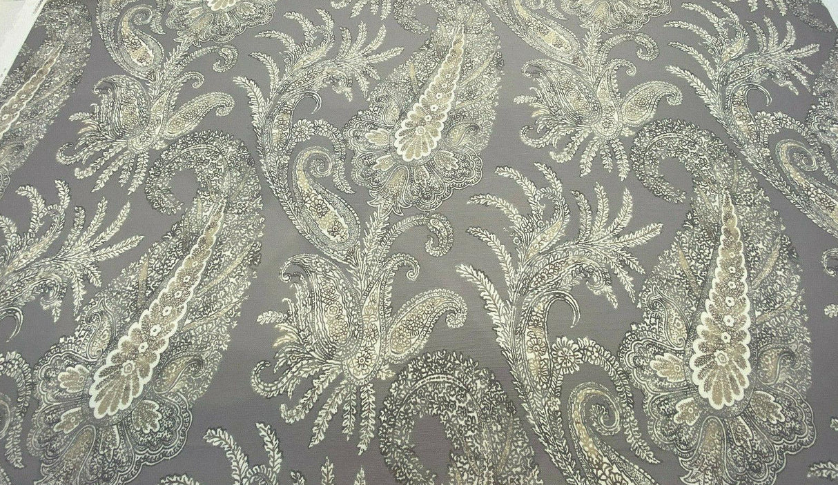Peaceful Journey Linen Cotton Fabric - Gray White Cream Paisley Print, 54" Width (1 Yard)