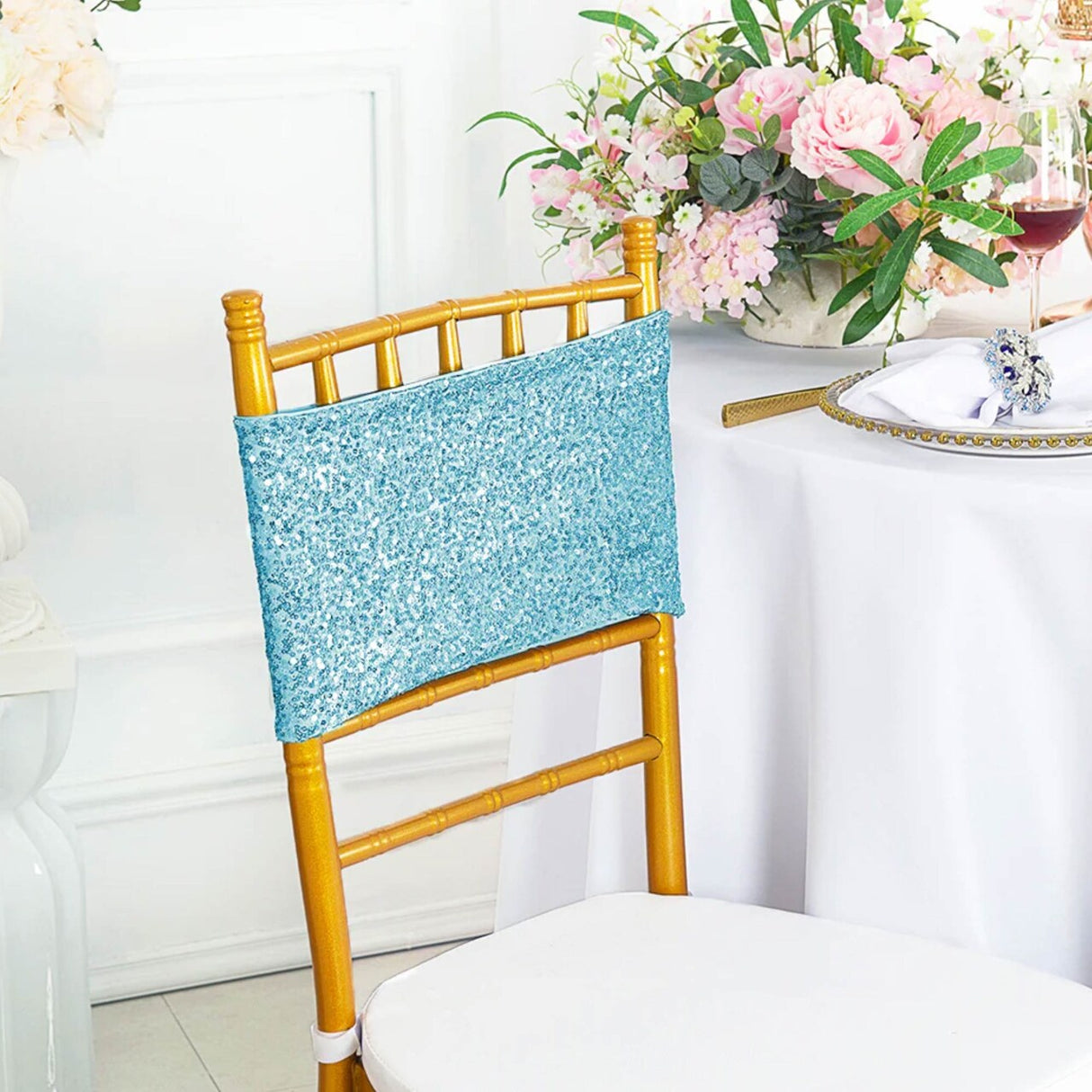 10 Pieces Soft Baby Blue Sequin Stretch Spandex Chair Bands 7 x 13 Inches