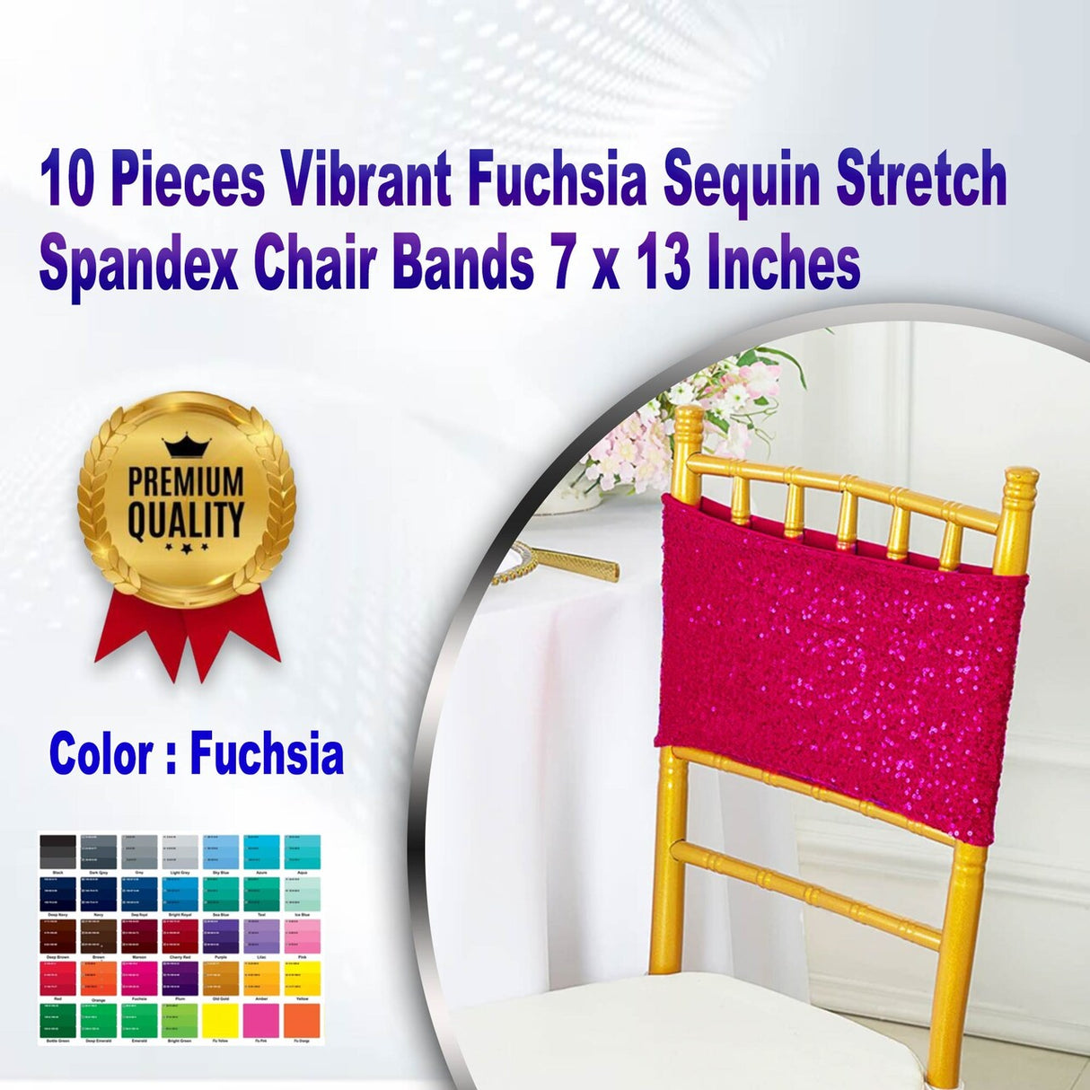 10 Pieces Vibrant Fuchsia Sequin Stretch Spandex Chair Bands 7 x 13 Inches