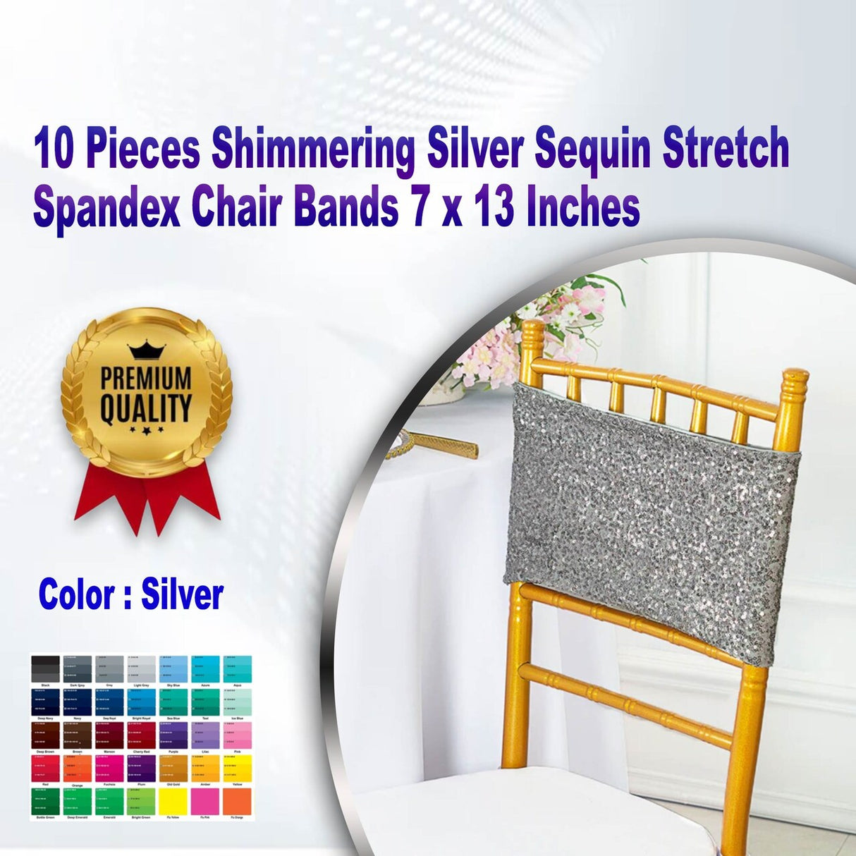 10 Pieces Shimmering Silver Sequin Stretch Spandex Chair Bands 7 x 13 Inches