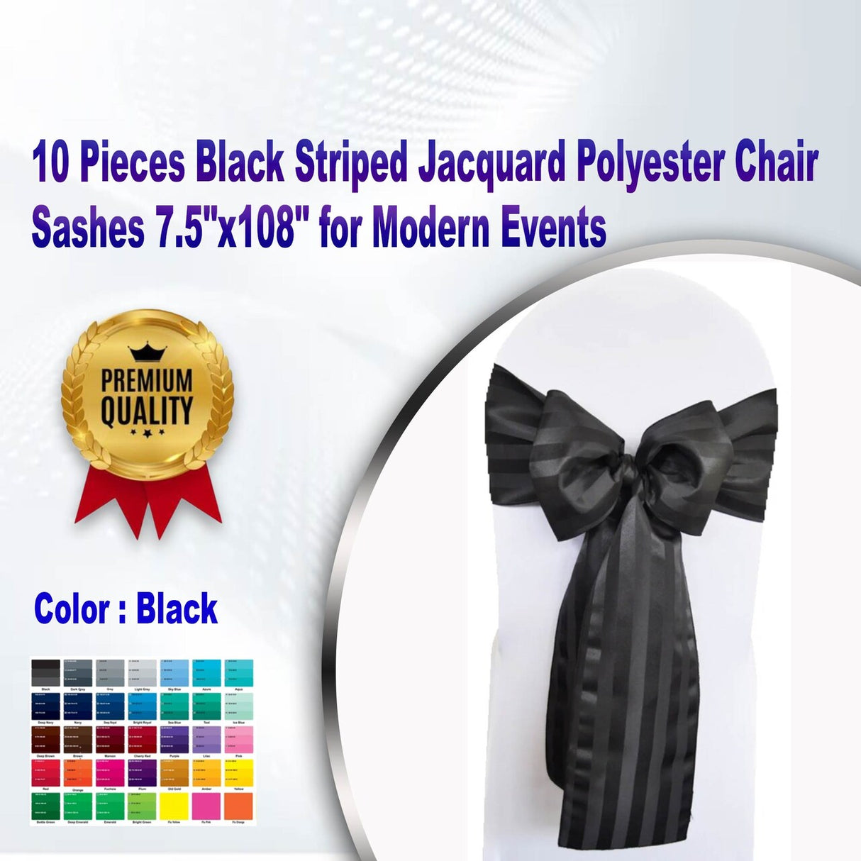 10 Pieces Black Striped Jacquard Polyester Chair Sashes 7.5"x108" for Modern Events