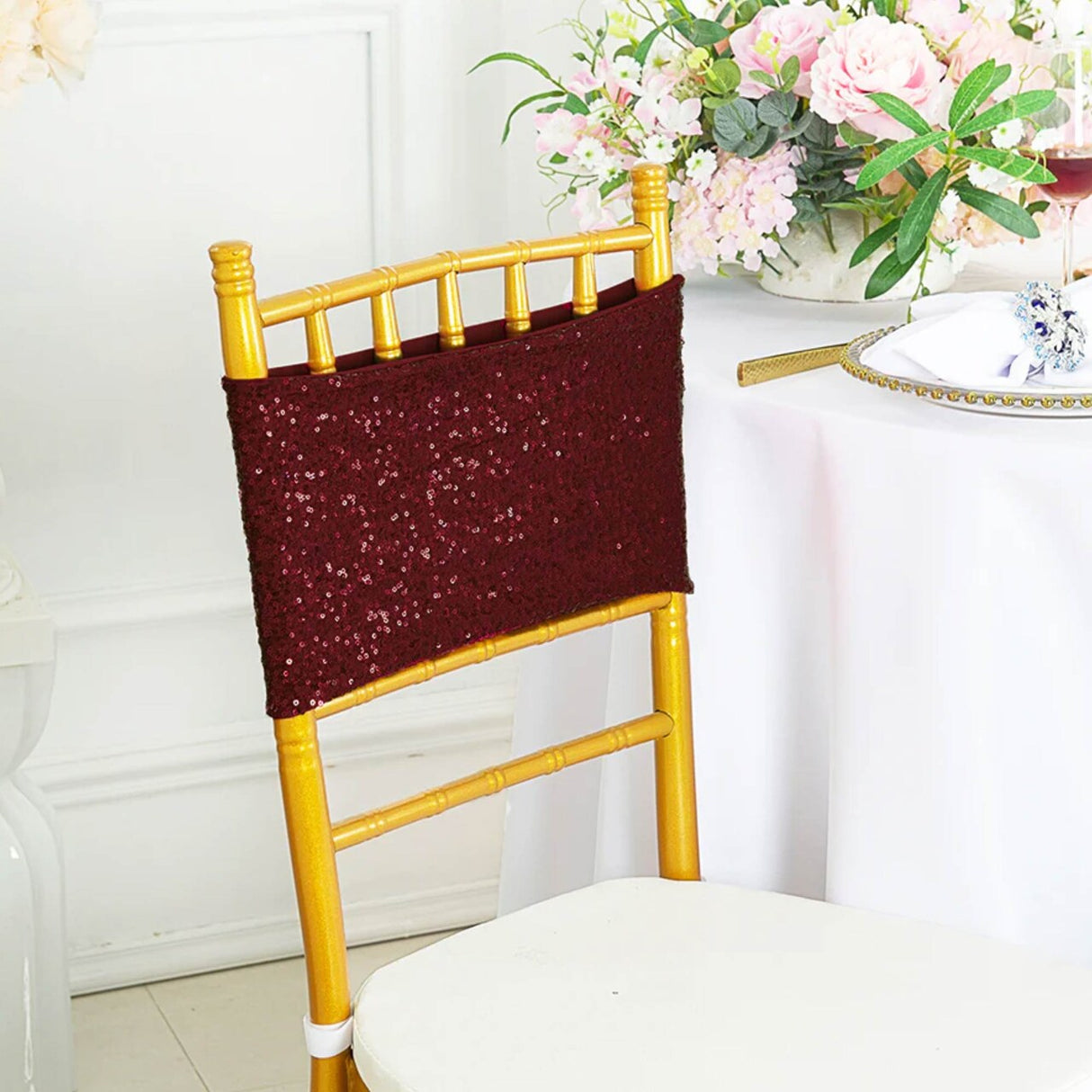 10 Pieces Elegant Burgundy Sequin Stretch Spandex Chair Bands 7 x 13 Inches