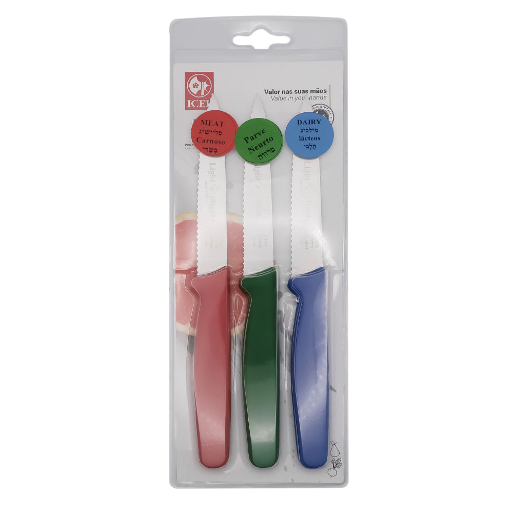 Icel Color Coded Serrated Paring Knife Set, 4" Blade - Set of 3