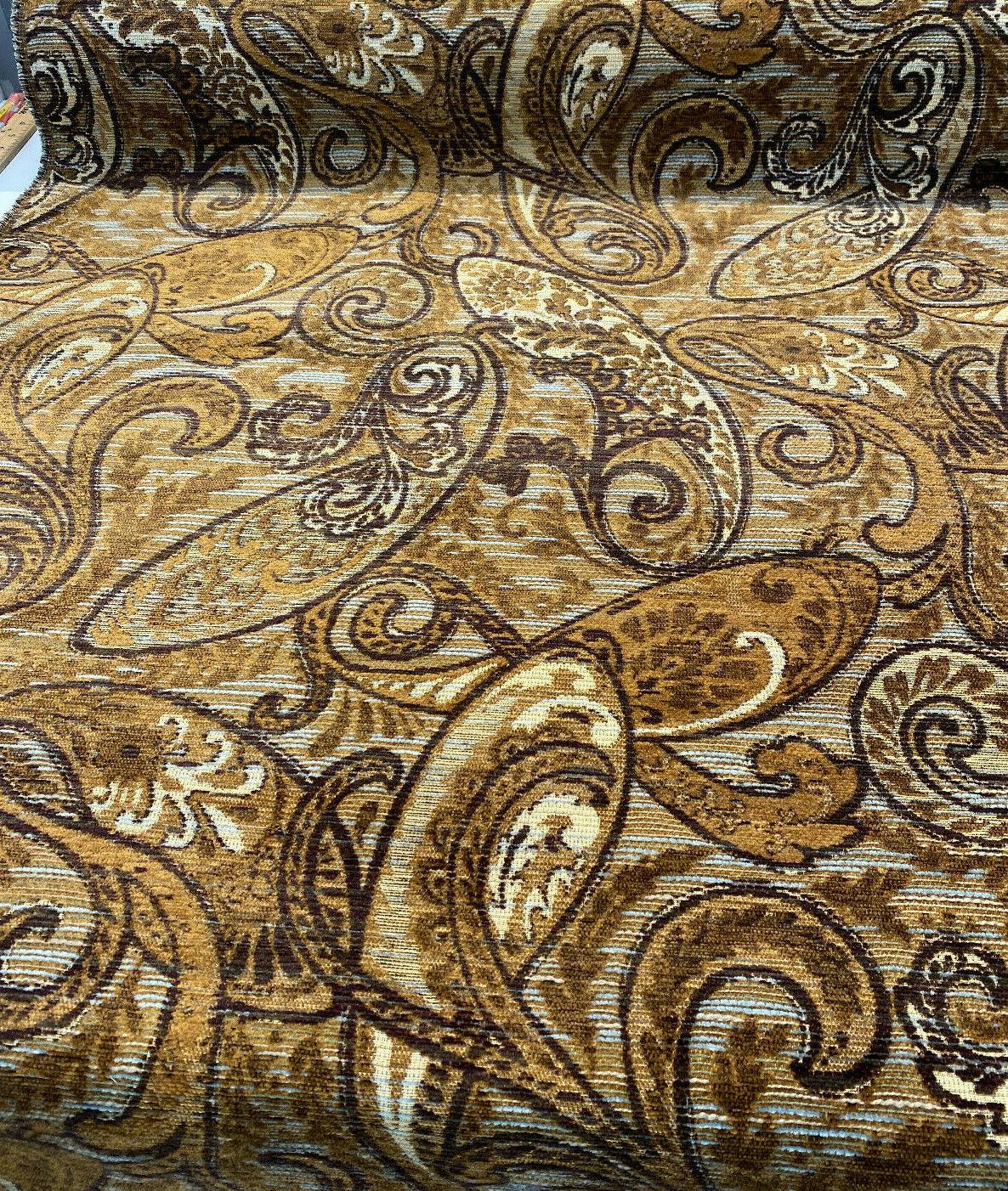 Fairchild Chenille Upholstery Fabric - Chocolate Teal Paisley, 57" Width (1 Yard)