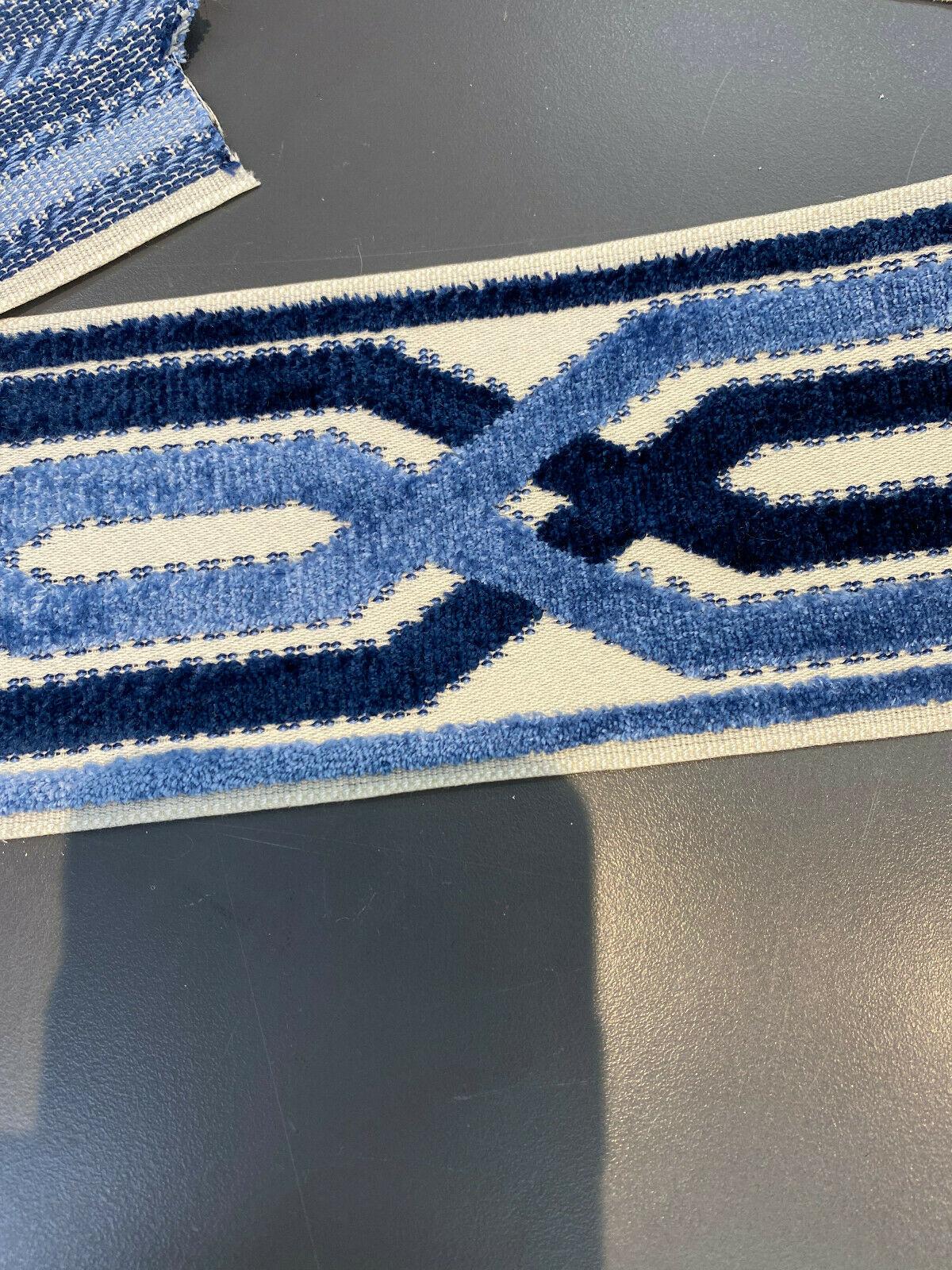 Fabricut Blue Velvet Embroidery Trim Tape - Blue, Navy, Light Blue, Off White / Ivory, 3.50" Width (1 Yard)