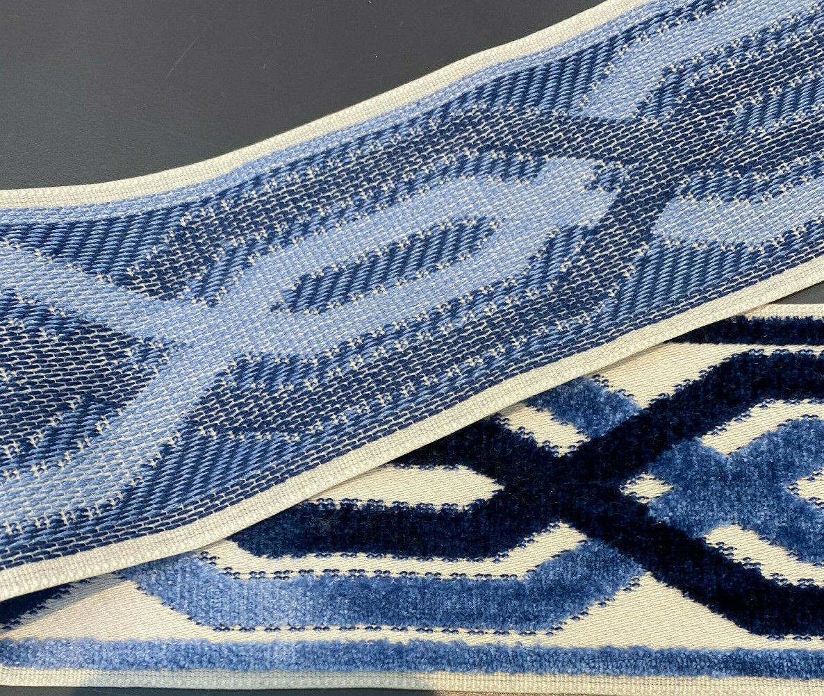 Fabricut Blue Velvet Embroidery Trim Tape - Blue, Navy, Light Blue, Off White / Ivory, 3.50" Width (1 Yard)