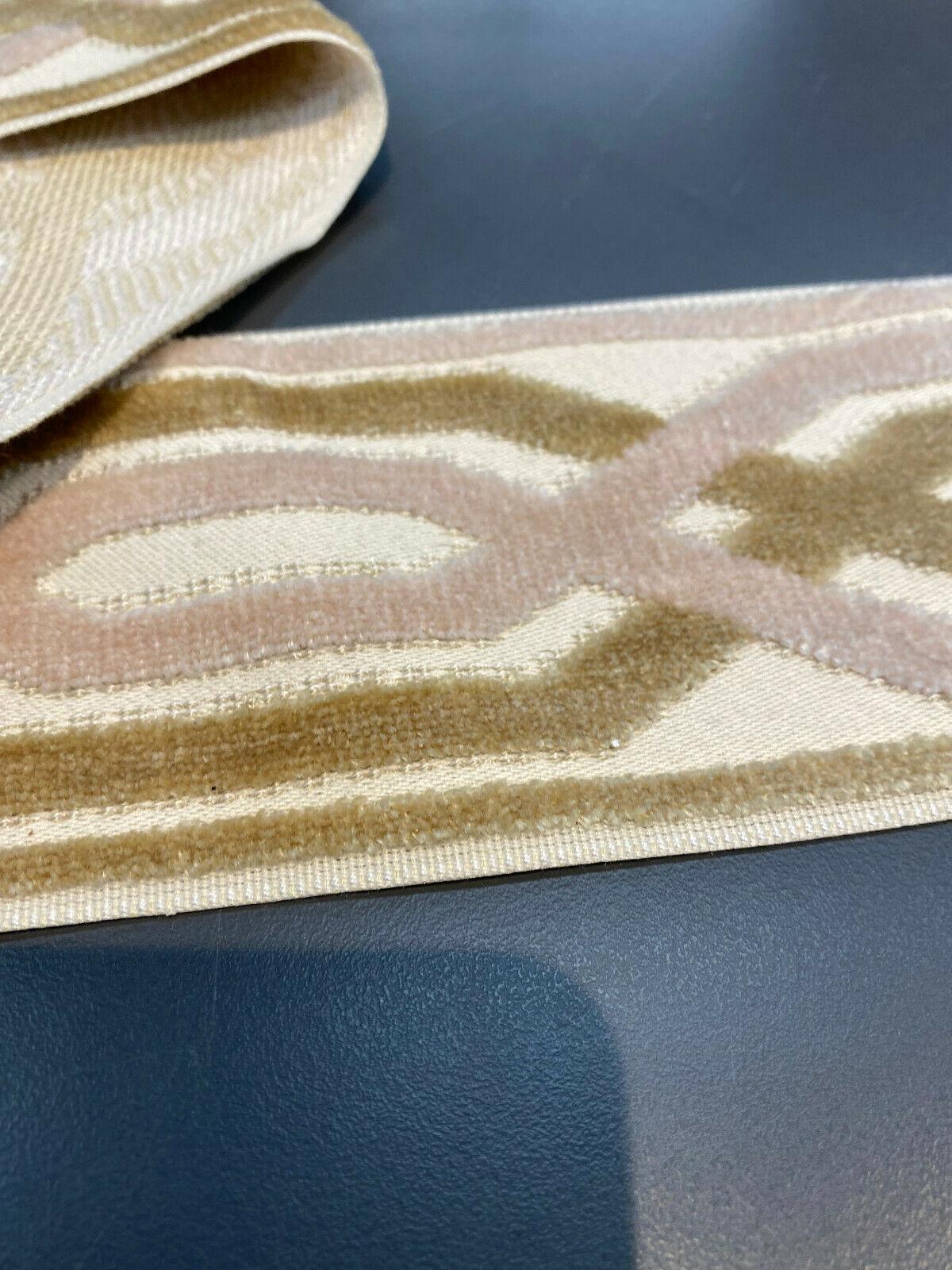 Fabricut Velvet Embroidery Trim Tape - Beige, Gold Off White / Ivory, 3.5" Width (1 Yard)