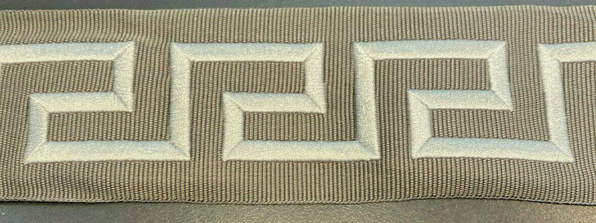 Embroidery Charcoal Greek Key Trim Tape - Silver Embroidery On Charcoal Base, 2.1" Width (1 Yard)