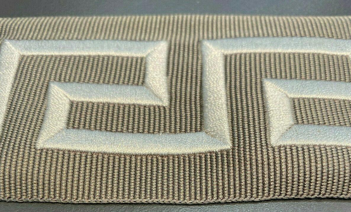 Embroidery Charcoal Greek Key Trim Tape - Silver Embroidery On Charcoal Base, 2.1" Width (1 Yard)