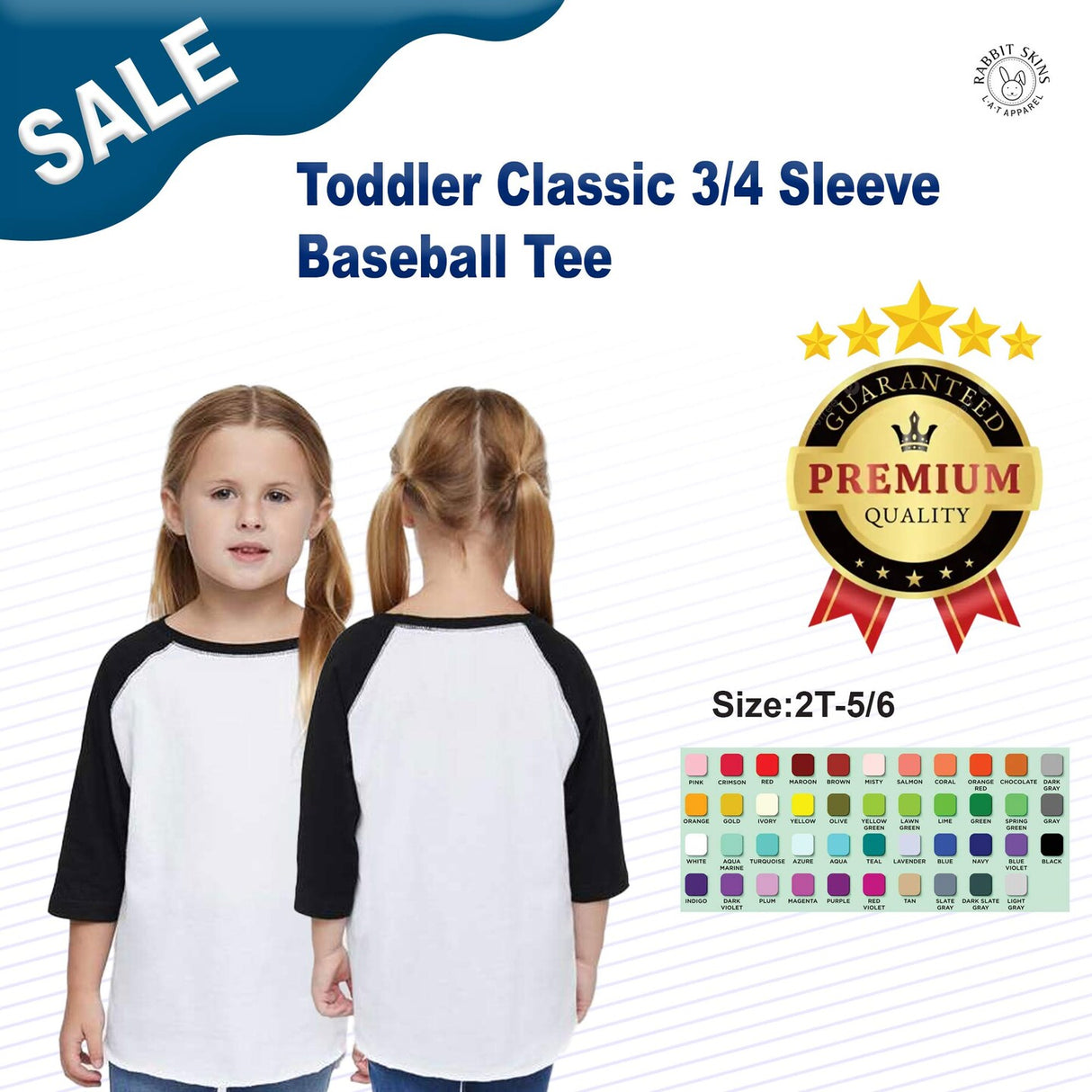 RADYAN® Toddler Classic 3/4 Sleeve Baseball Tee - 3330