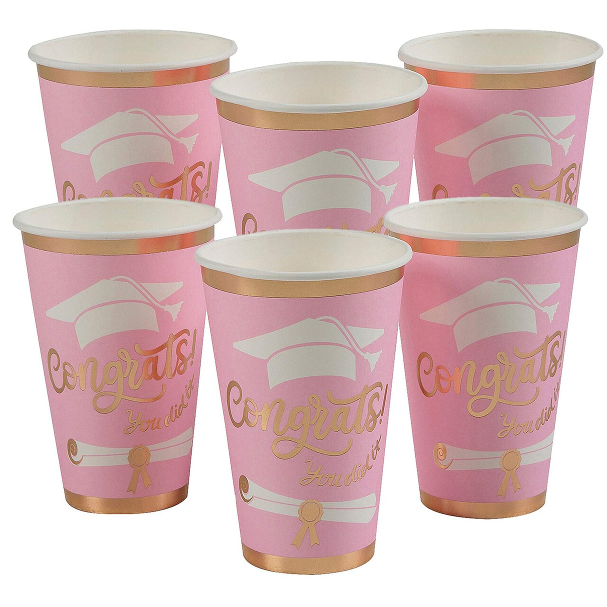 Pink Congrats Graduation Disposable Paper Cups – 12 Count (16 oz, 5.25")
