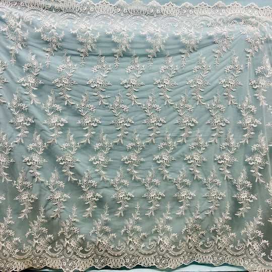 1 Yard Silver Corded Bridal Lace Fabric Embroidered on 100% Polyester Net Mesh – 51"