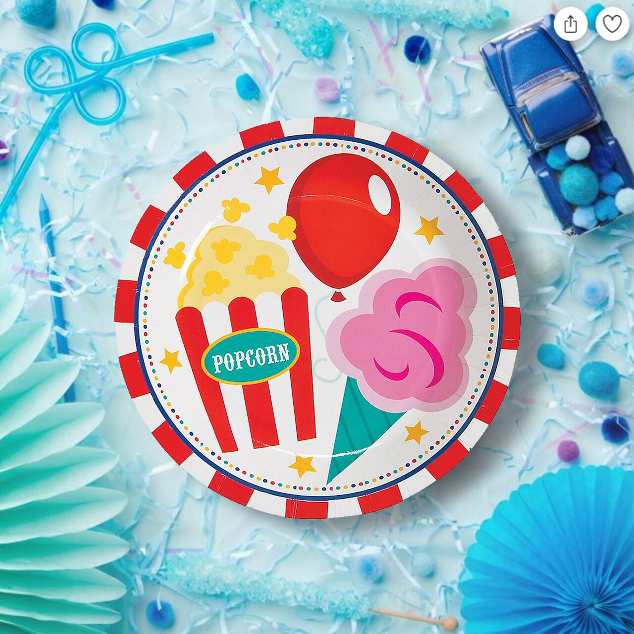 8 Ct. Carnival Party Paper Dessert Plates Popcorn, Balloon & Cotton Candy Design 7-Inch
