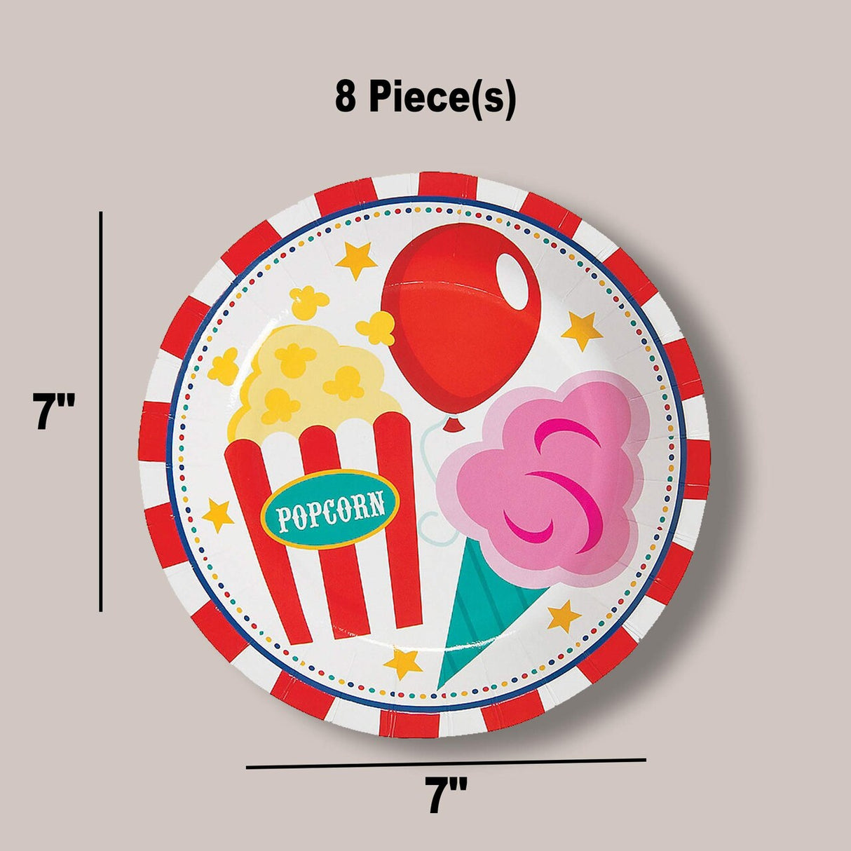 8 Ct. Carnival Party Paper Dessert Plates Popcorn, Balloon & Cotton Candy Design 7-Inch