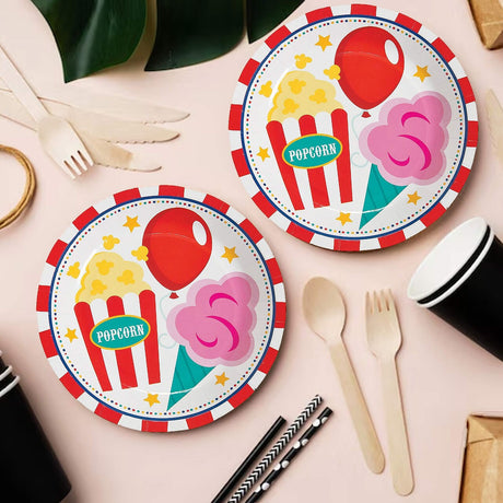 8 Ct. Carnival Party Paper Dessert Plates Popcorn, Balloon & Cotton Candy Design 7-Inch