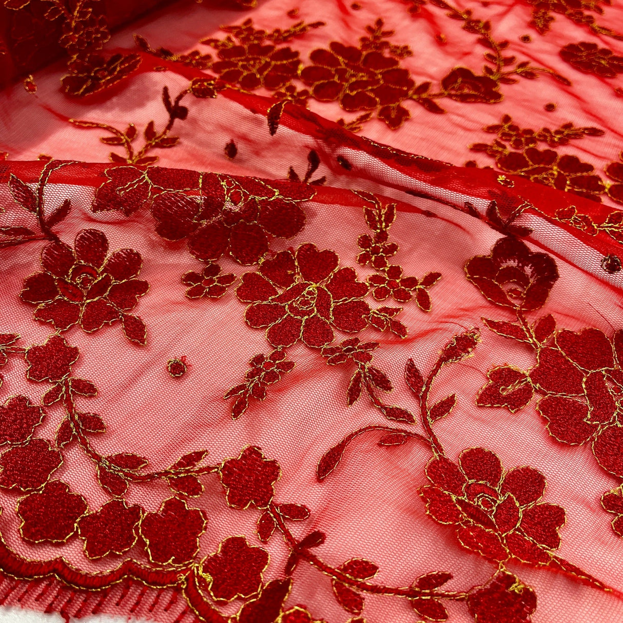 Embroidered Lace Fabric - 100 Percent Polyester Net Mesh, Floral Beaded Design, 52" Width (1 Yard)