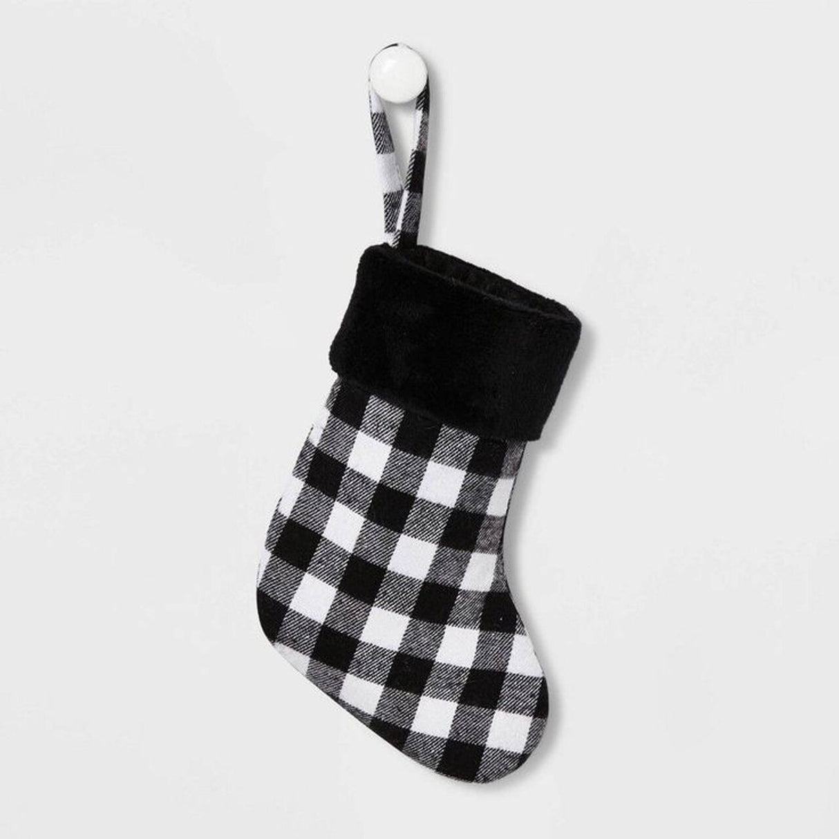 17 Inch Black And White Checkered Christmas Stocking Plush Fur Top Holiday Decoration