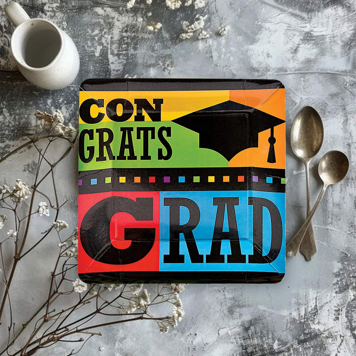 8 Count Colorful Congrats Graduation Party Paper Dinner Plates 10.25 Inch Disposable