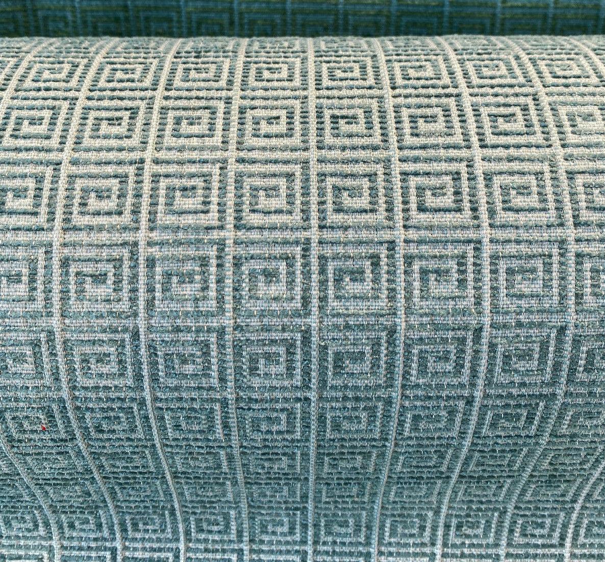 Greek Key Azure Tide Alexis Brocade Jacquard Fabric - Azure Tide Green, Greek Key On Stria Warp, 54" Width (1 Yard)