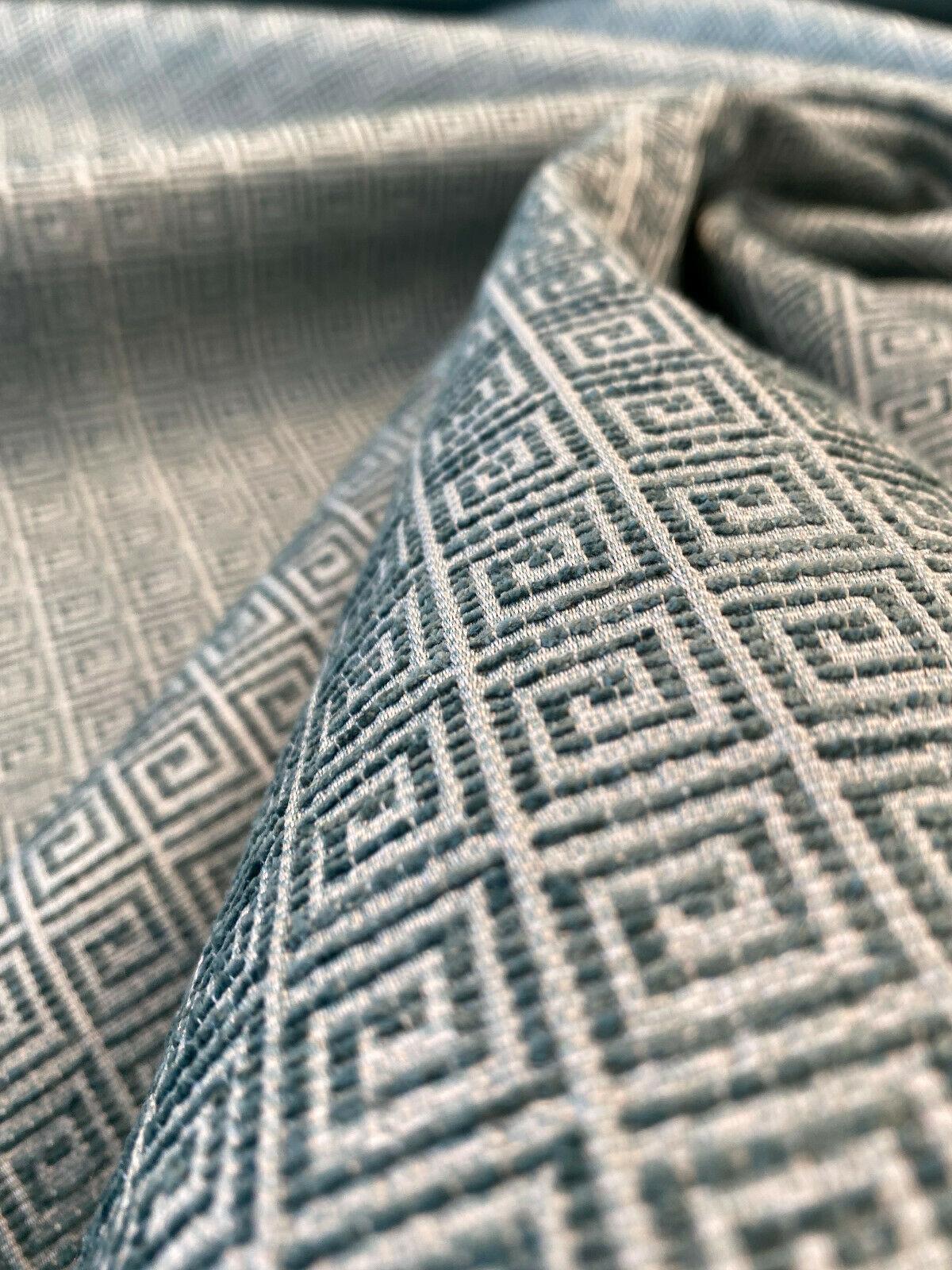 Greek Key Azure Tide Alexis Brocade Jacquard Fabric - Azure Tide Green, Greek Key On Stria Warp, 54" Width (1 Yard)