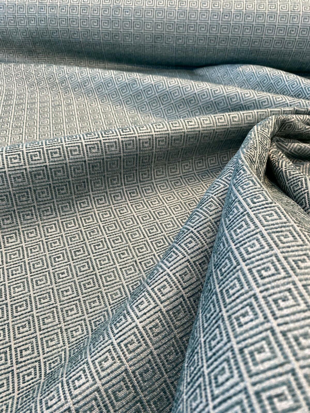 Greek Key Azure Tide Alexis Brocade Jacquard Fabric - Azure Tide Green, Greek Key On Stria Warp, 54" Width (1 Yard)