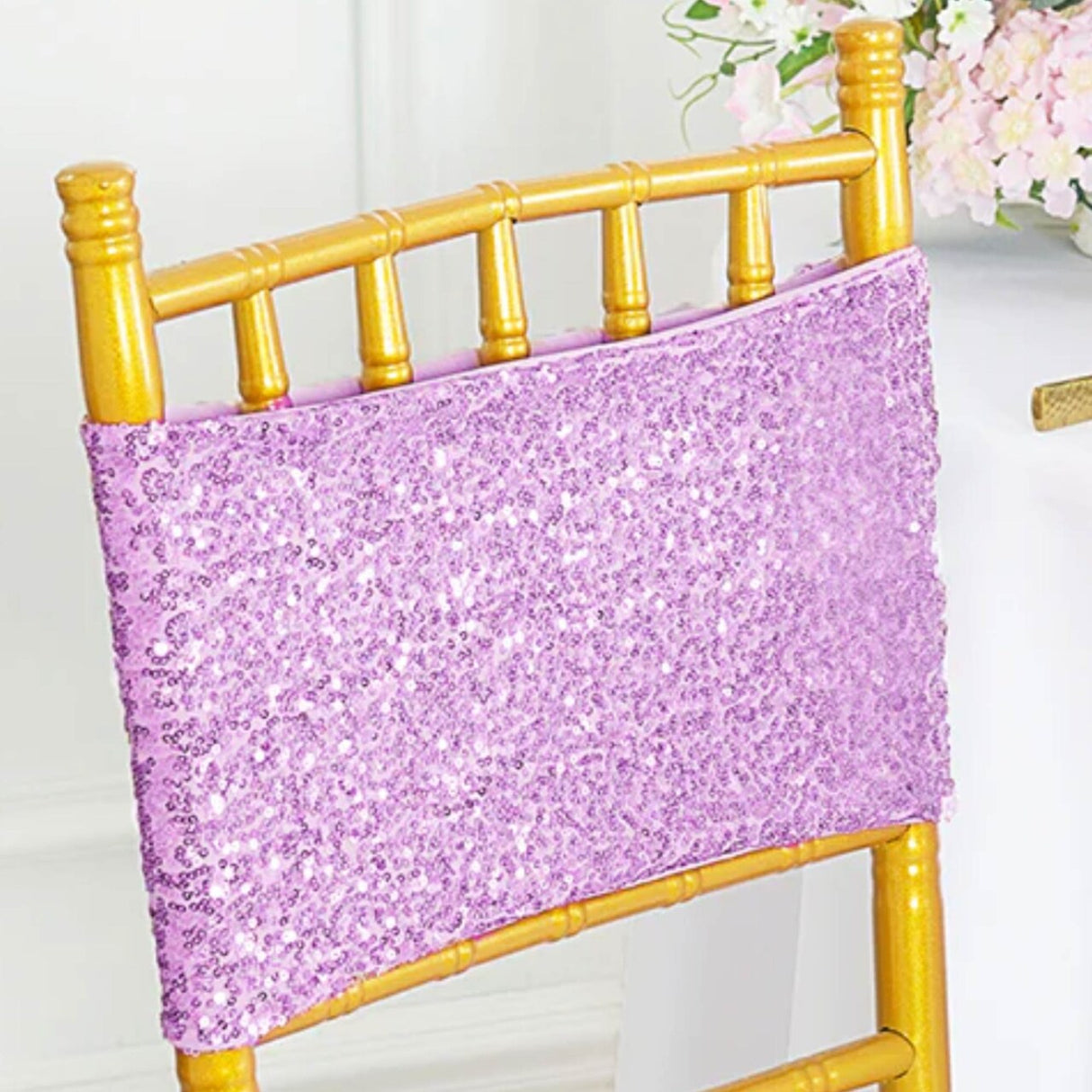 10 Pieces Shimmering Lavender Sequin Stretch Spandex Chair Bands 7 x 13 Inches