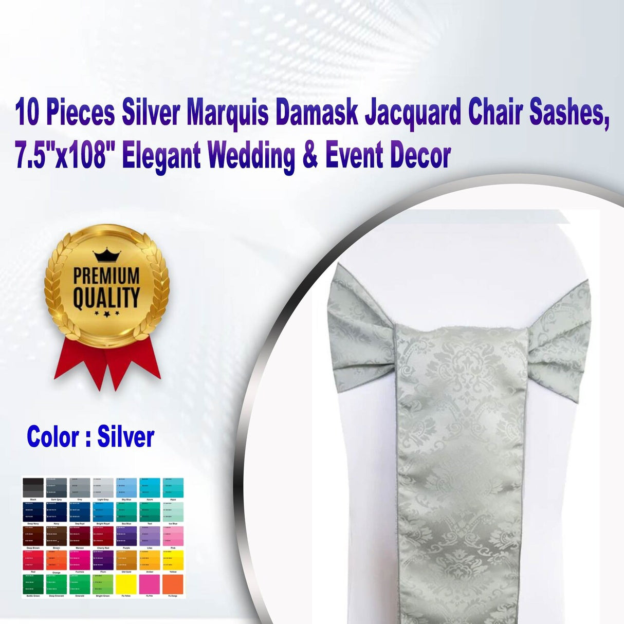 10 Pieces Silver Marquis Damask Jacquard Chair Sashes, 7.5"x108" Elegant Wedding & Event Decor
