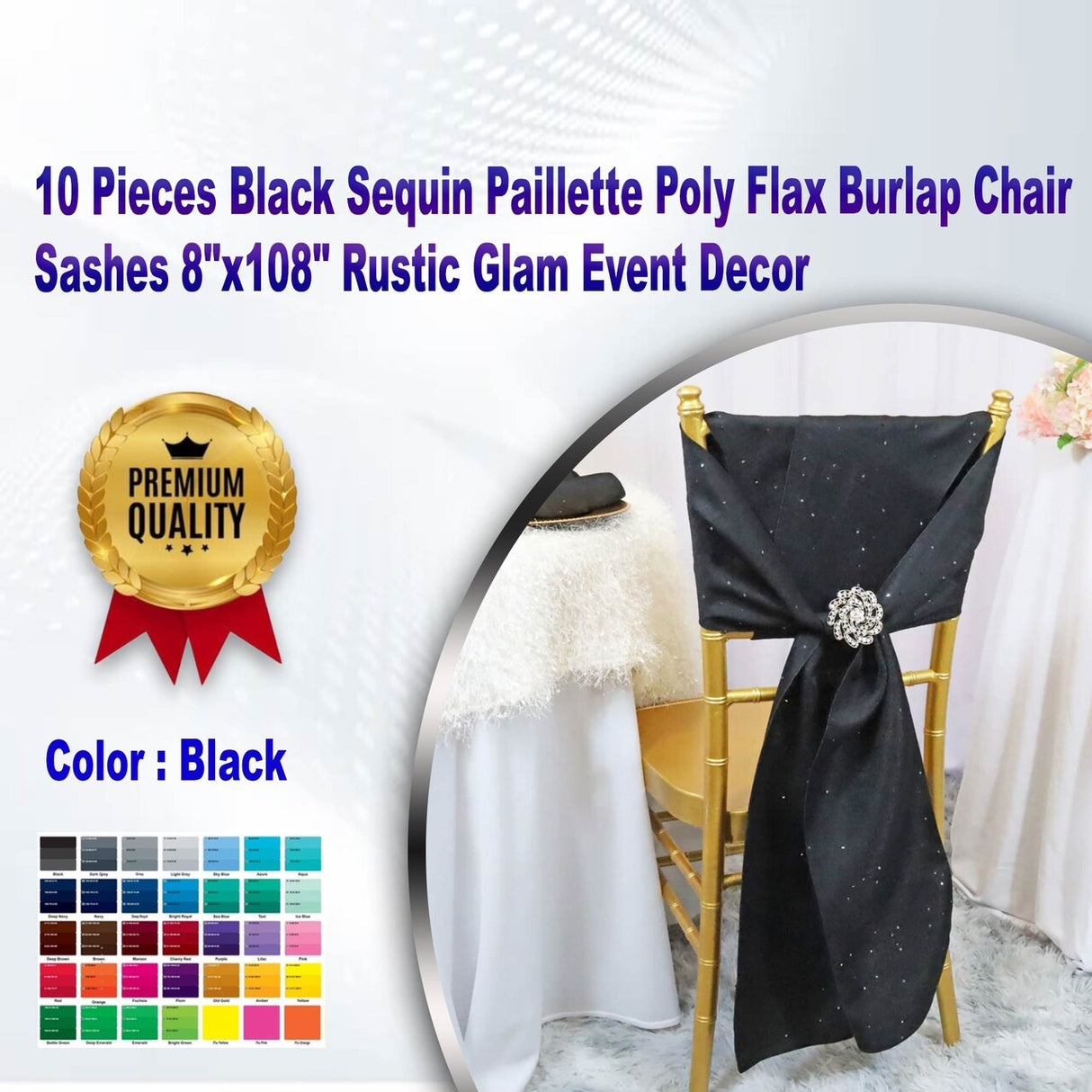 10 Pieces Black Sequin Paillette Poly Flax Burlap Chair Sashes 8"x108" Rustic Glam Event Decor