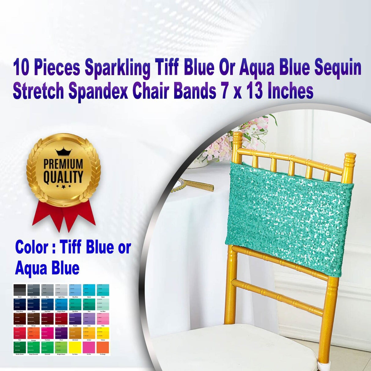 10 Pieces Sparkling Tiff Blue Or Aqua Blue Sequin Stretch Spandex Chair Bands 7 x 13 Inches