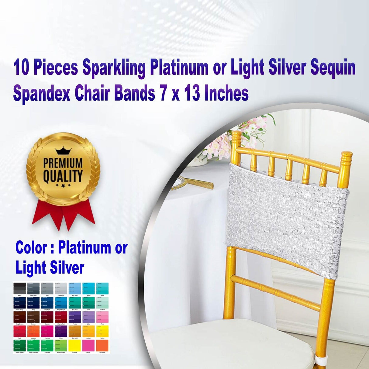 10 Pieces Sparkling Platinum Light Silver Sequin Spandex Chair Bands 7 x 13 Inches