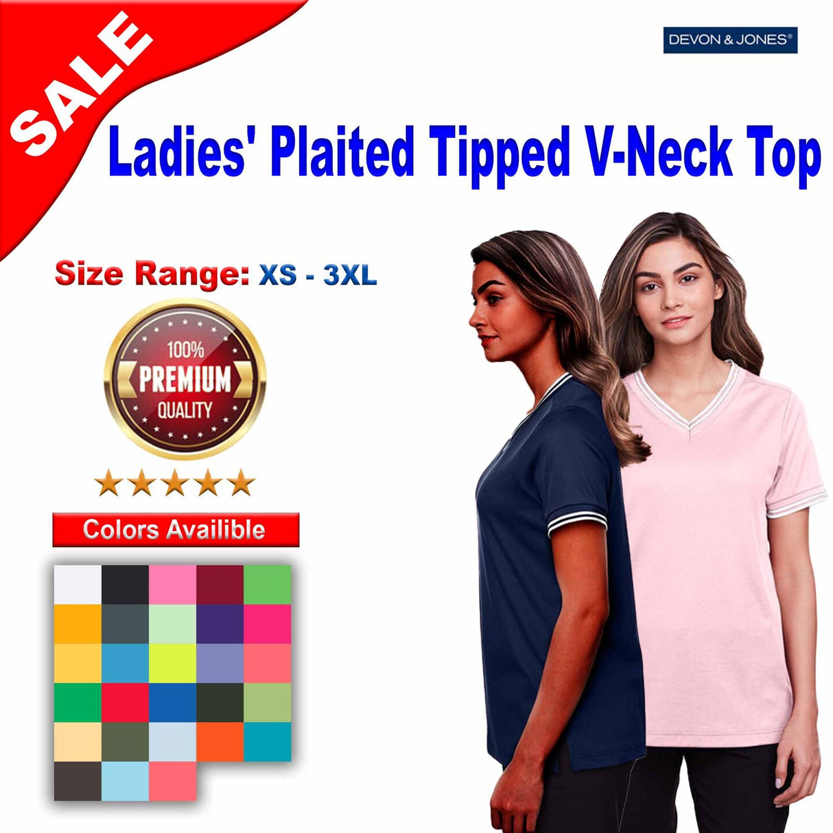 Devon & Jones® CrownLux Performance Ladies Plaited Tipped V-Neck Top