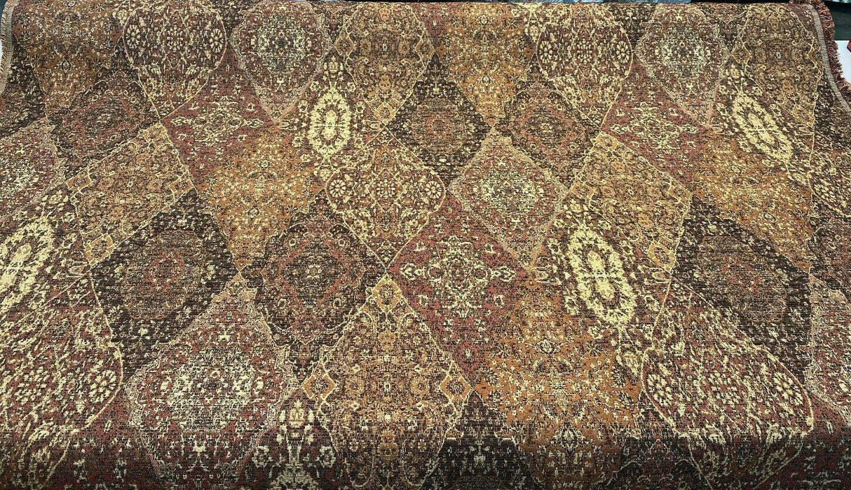 Tabriz Vicuna Chenille Fabric - Diamond Medallion, Rust Brown Burgundy, 56" Width (1 Yard)