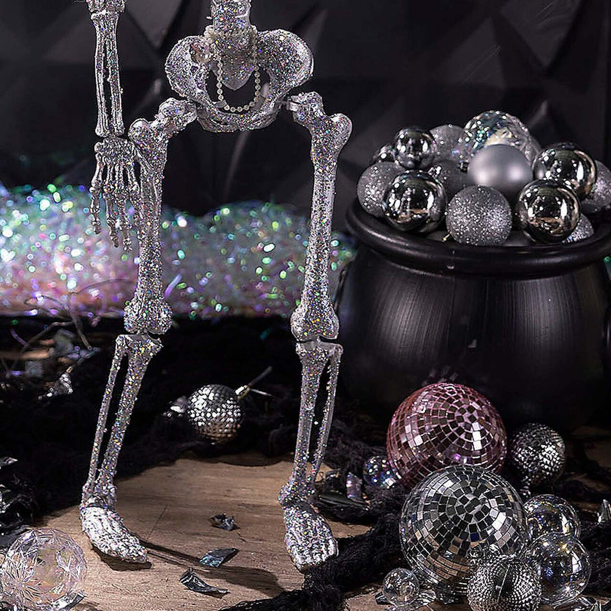 Hanging Silver Skeleton Halloween Decoration Encrusted with Multicolor Jewelry 35 1/2 Inch