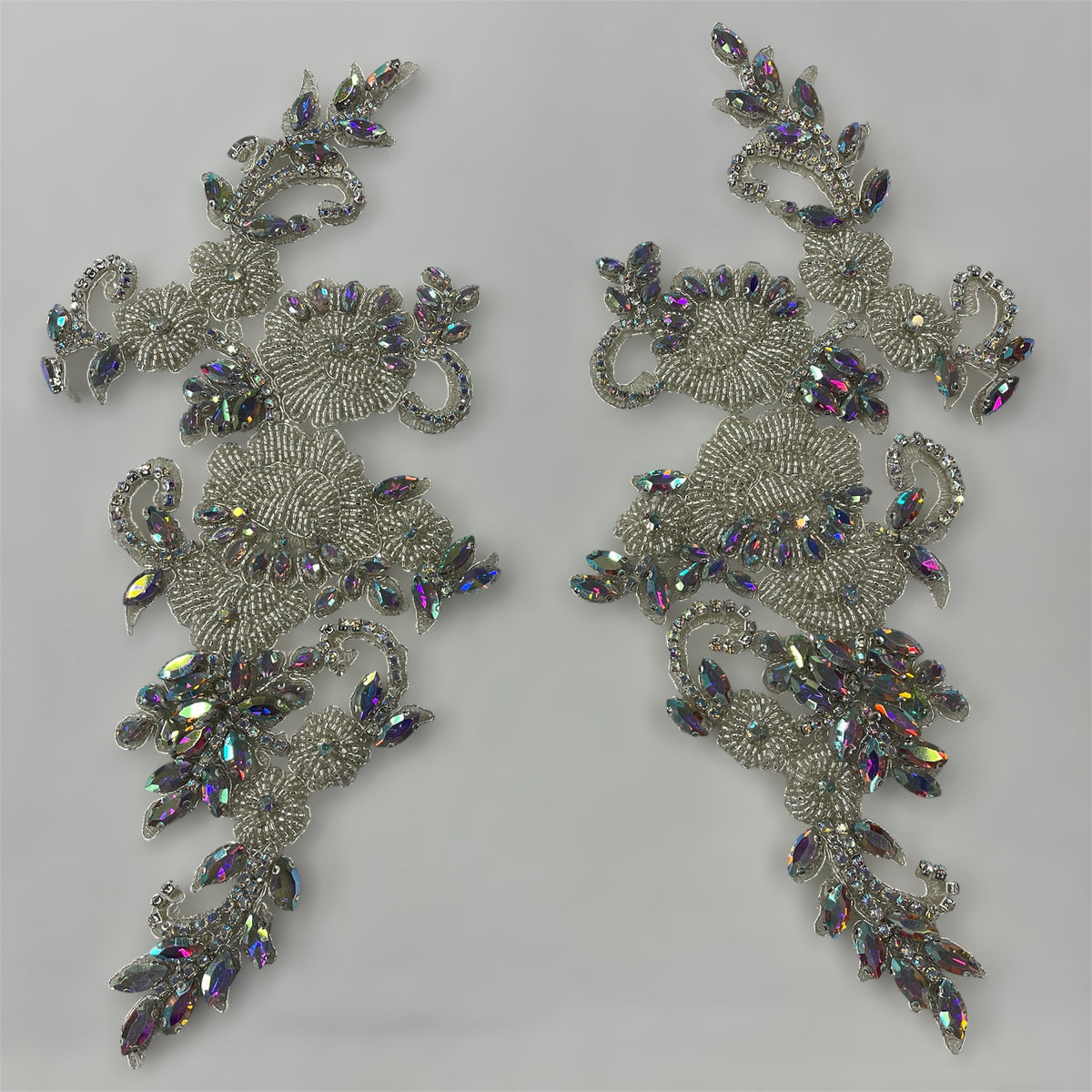 1 Yard Crystal Rhinestone Applique Embroidered on 100% Polyester, Approximately 12" x 5" Each Side