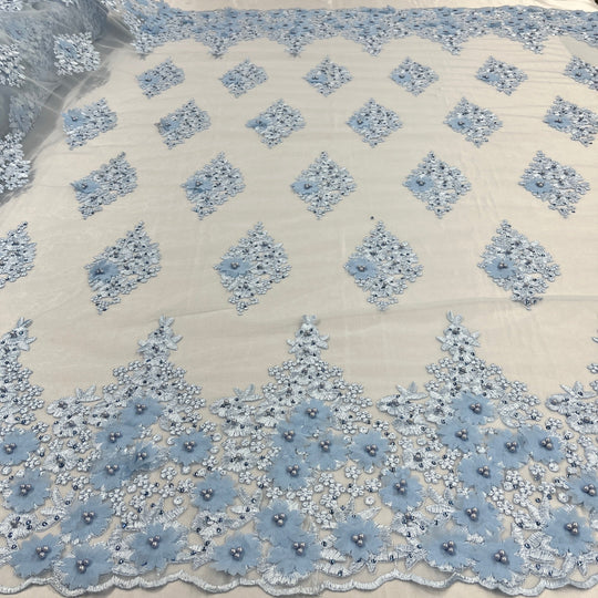 1 Yard Beaded 3D Floral Lace Fabric Embroidered on Polyester Net Mesh 52 inch Width