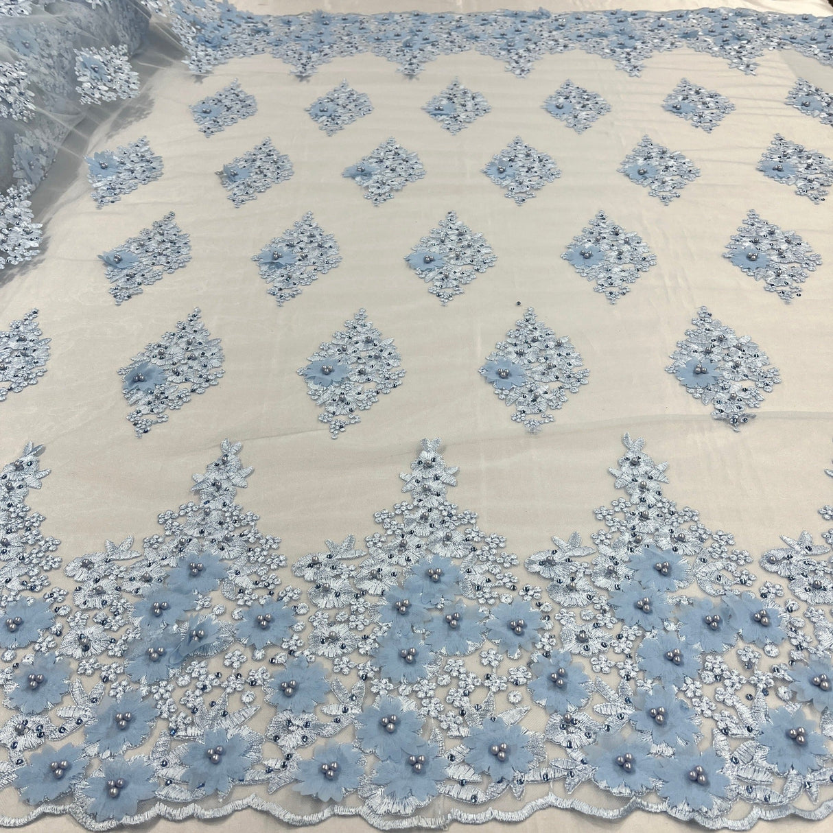 Beaded 3D Floral Lace Polyester Fabric - Off White, Gold, Silver, Lt. Blue, 52" Wide (1 Yard)