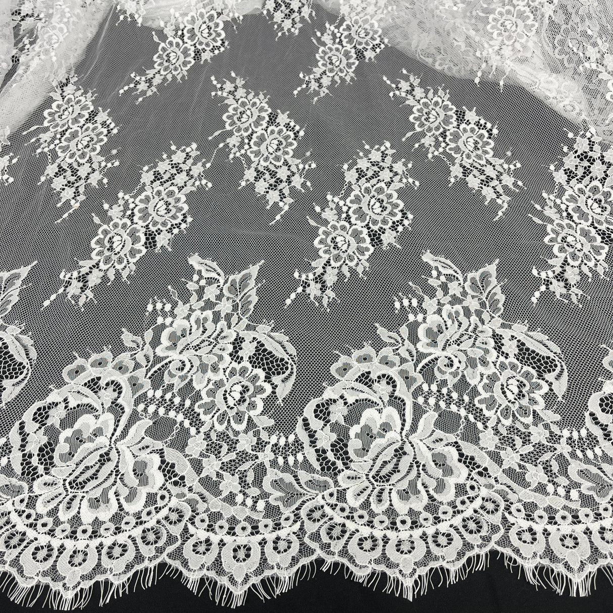 1 Yard Chantilly Embroidered Lace Fabric with Eyelash Scallop, 58" Wide French Alençon Lace for Bridal & Evening Wear