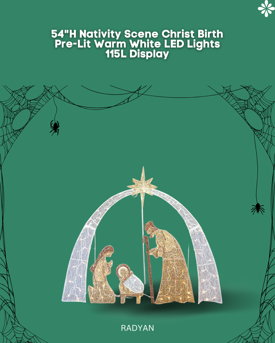 54"H Nativity Scene Christ Birth Pre-Lit Warm White LED Lights 115L Display