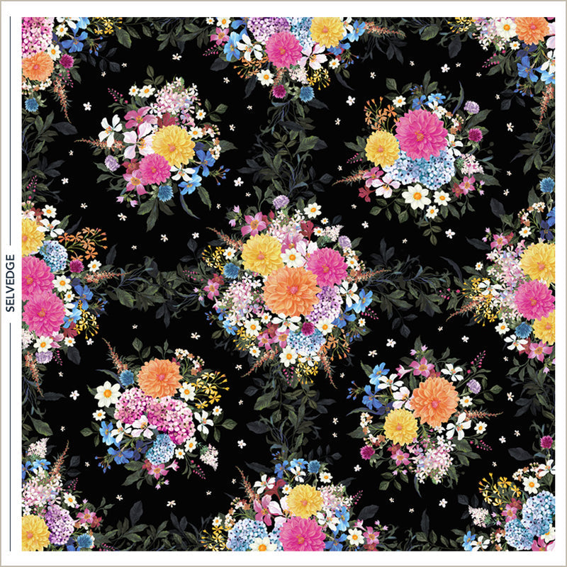Cotton Print Black Whimsical Garden Midnight Blooms Fabric 44/45"