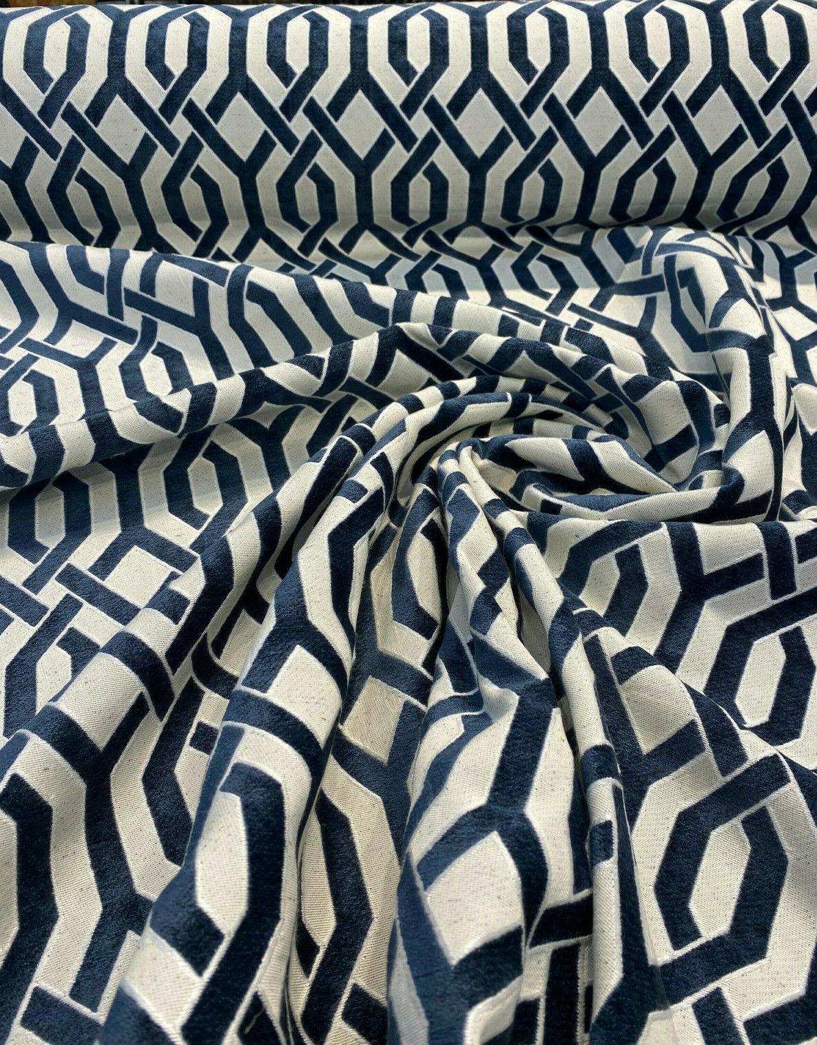 Naxos Blue Navy Geometric Chenille Fabric - Blue Navy Geometric, 58% Viscose 27% Polyester 15% Cotton, 54" Width (1 Yard)