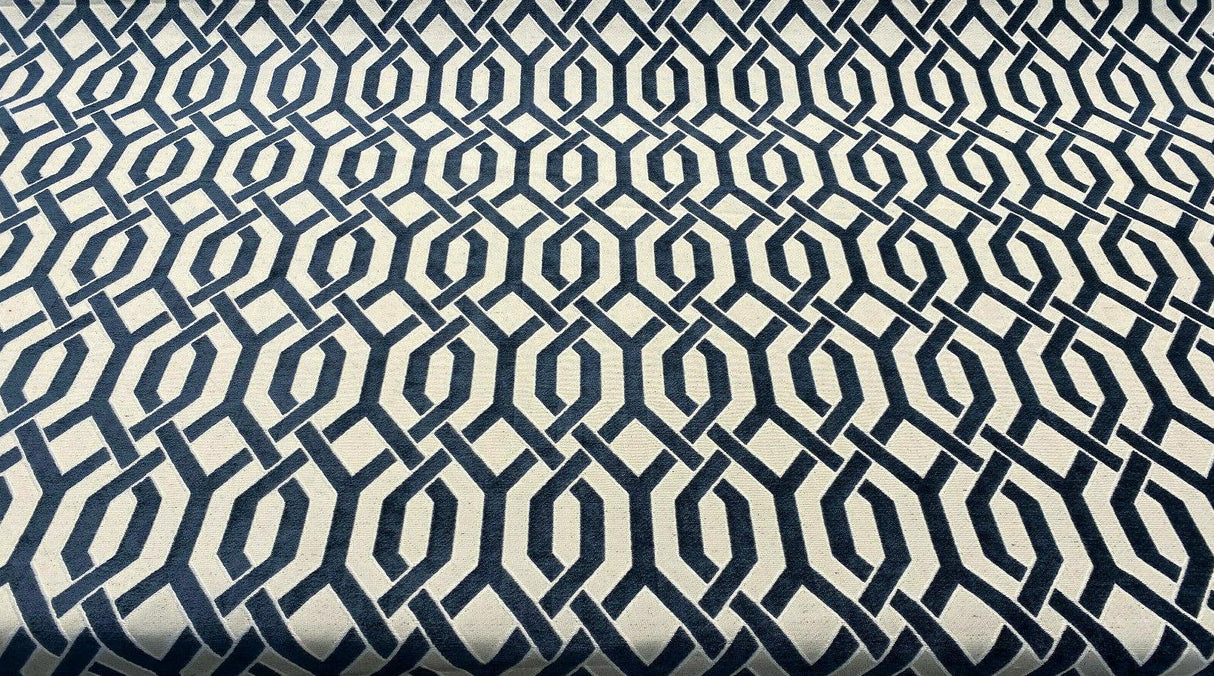 Naxos Blue Navy Geometric Chenille Fabric - Blue Navy Geometric, 58% Viscose 27% Polyester 15% Cotton, 54" Width (1 Yard)