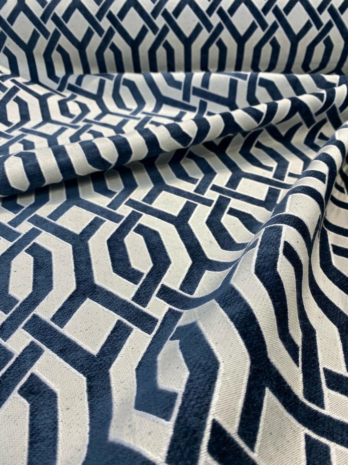 Naxos Blue Navy Geometric Chenille Fabric - Blue Navy Geometric, 58% Viscose 27% Polyester 15% Cotton, 54" Width (1 Yard)