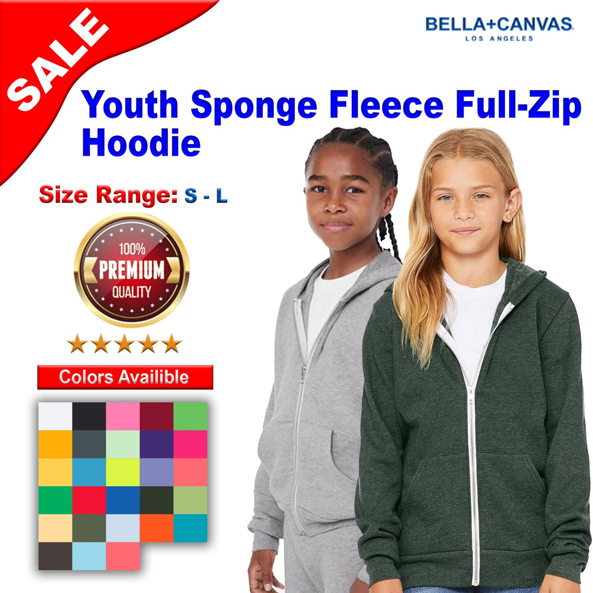 BELLA + CANVAS® Youth Sponge Fleece Full-Zip Hoodie - 3739Y