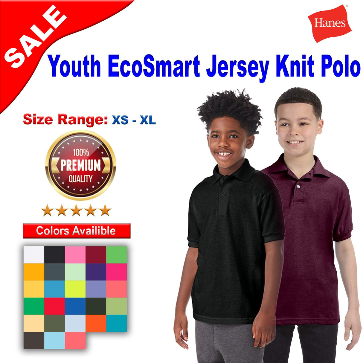 Hanes® Youth EcoSmart Jersey Knit Short Sleeve Collared Polo
