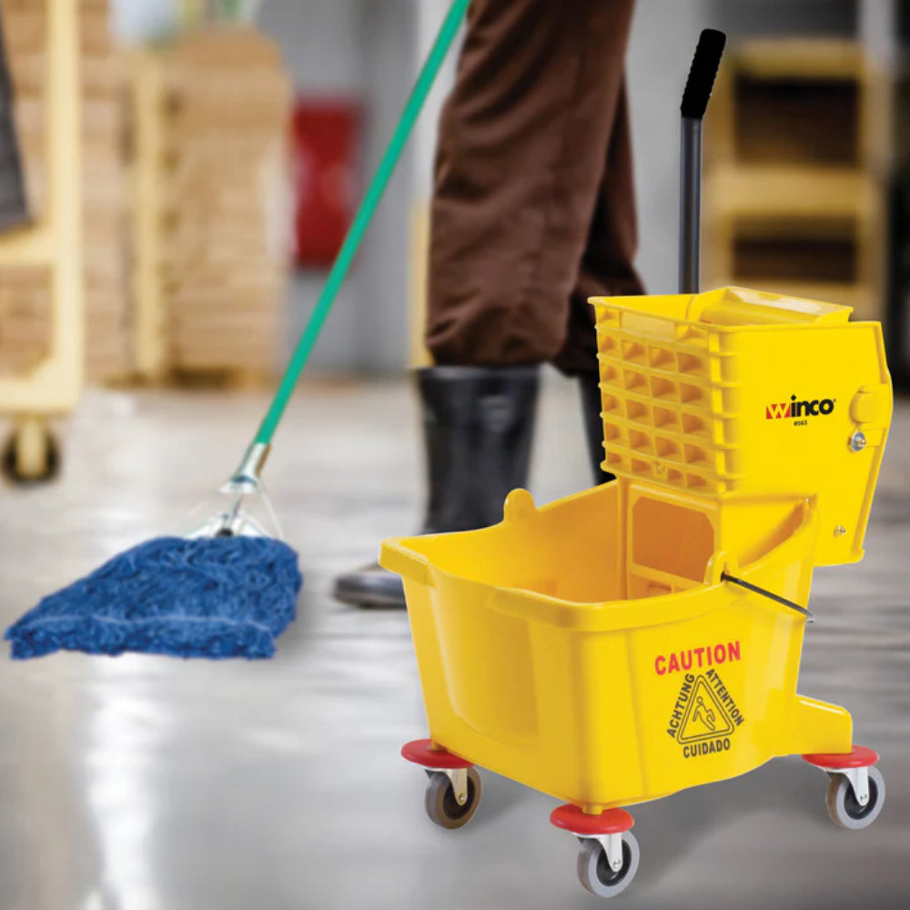 Winco 26 Quart Yellow Mop Bucket with Side Press Wringer