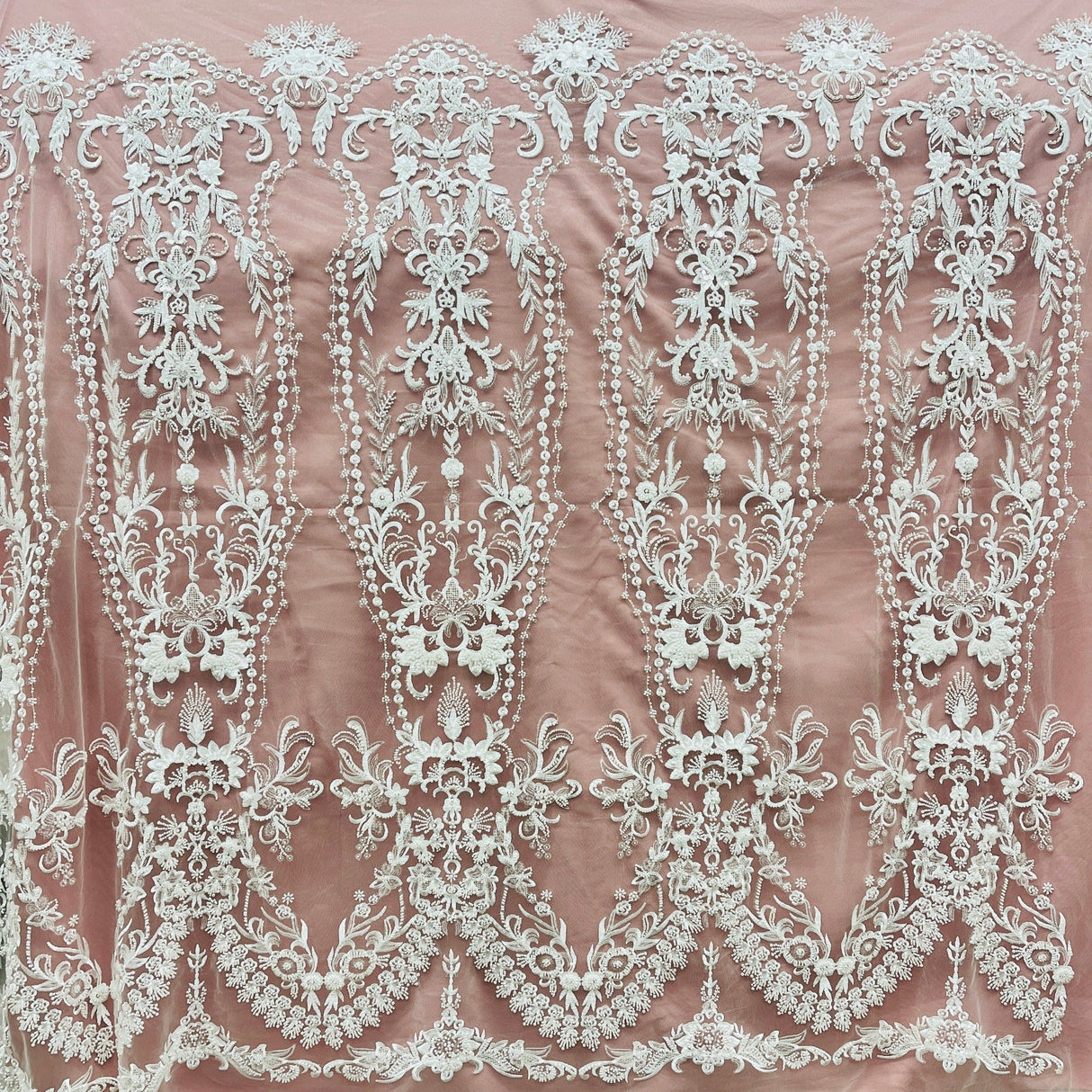 Beaded Lace Fabric Embroidered On 100 Percent Polyester Net Mesh - Off White, Antique Silver, White, 50" Wide (1 Yard)