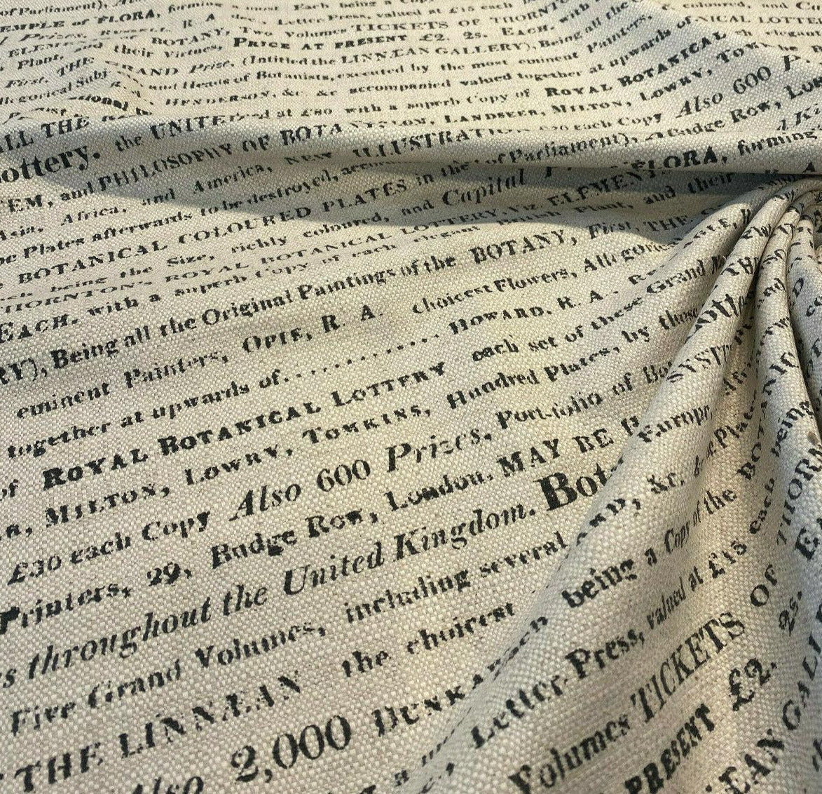 Script Botanical Lottery Sepia Written Cotton Blend Fabric - Natural With Black Script, 57" Width (1 Yard)