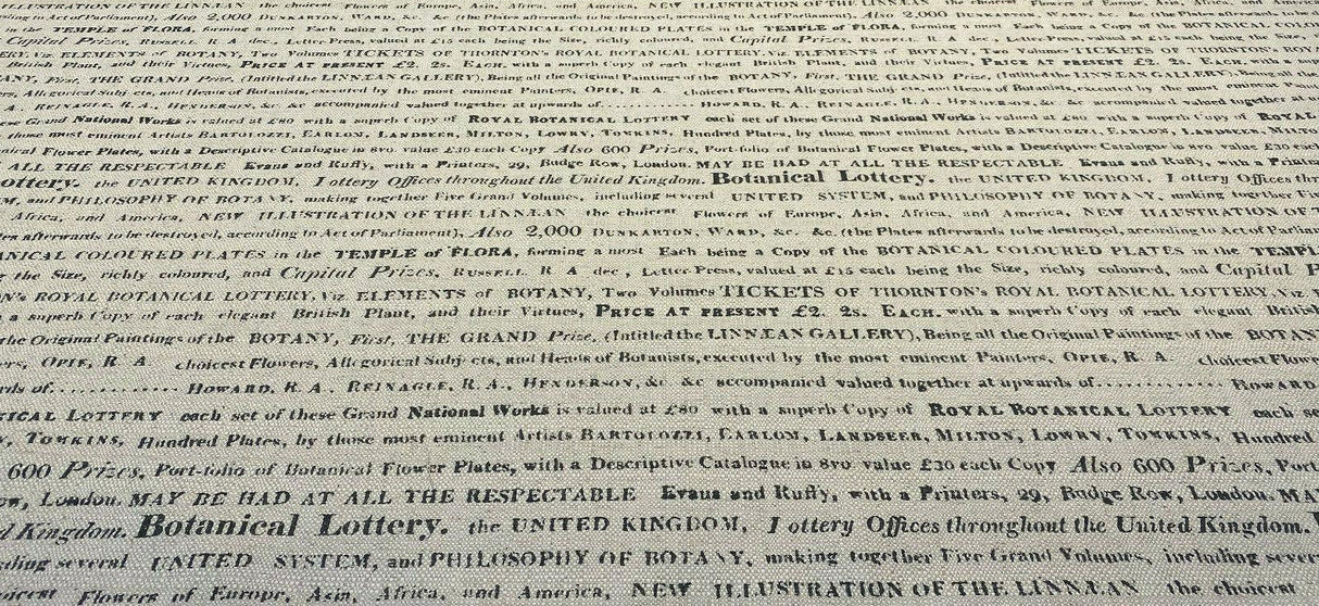 Script Botanical Lottery Sepia Written Cotton Blend Fabric - Natural With Black Script, 57" Width (1 Yard)