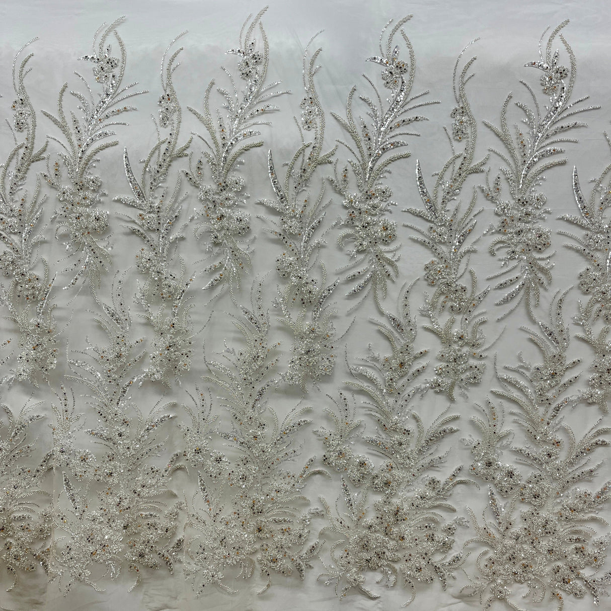 Beaded Lace Fabric Embroidered On 100 Percent Polyester Net Mesh - Lt. Blue, Ice Blue, Champagne, Nude, 50" Width (1 Yard)